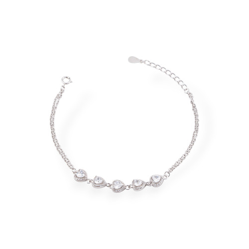 925 Silver Bracelet with Chain and White Rhodium-Plated Heart-Shaped Zirconia