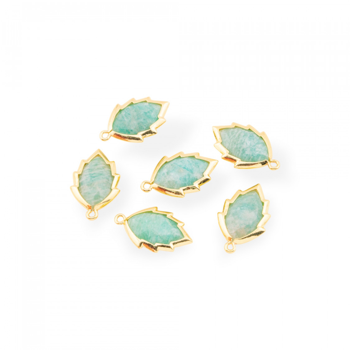 Componente Pendente Di Ottone Forma di Foglia Con Pietre Dure 20mm 6pz Dorato Amazzonite- MANGO | Worldofjewel.com