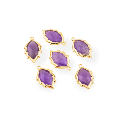 Ensemble de 6 pendentifs en laiton plaqué or en forme de feuille, ornés de pierres précieuses de 20 mm et d'améthystes.