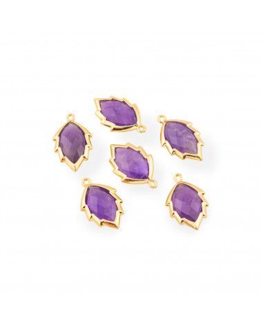 Componente Pendente Di Ottone Forma di Foglia Con Pietre Dure 20mm 6pz Dorato Ametista- MANGO | Worldofjewel.com