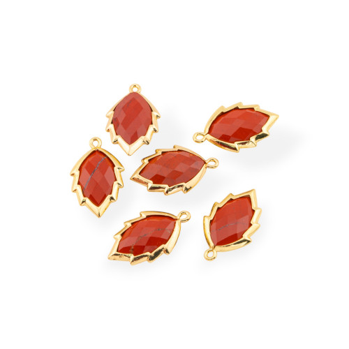 6pcs 20mm Leaf Shape Brass Pendant Component with Gemstones Gold Plated Red Jasper