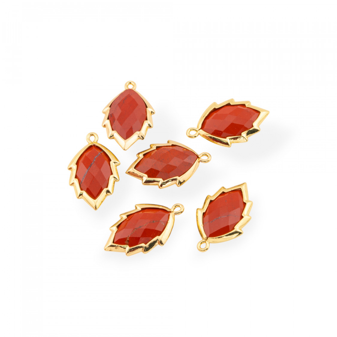 Componente Pendente Di Ottone Forma di Foglia Con Pietre Dure 20mm 6pz Dorato Diaspro Rosso- MANGO | Worldofjewel.com