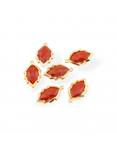 Componente Pendente Di Ottone Forma di Foglia Con Pietre Dure 20mm 6pz Dorato Diaspro Rosso- MANGO | Worldofjewel.com