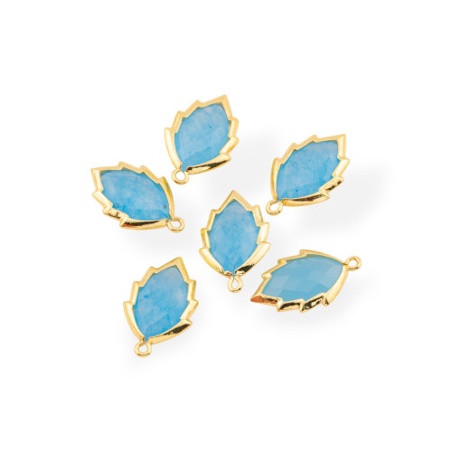 6 colgantes de latón en forma de hoja de 20 mm con gemas en jade azul claro y dorado.