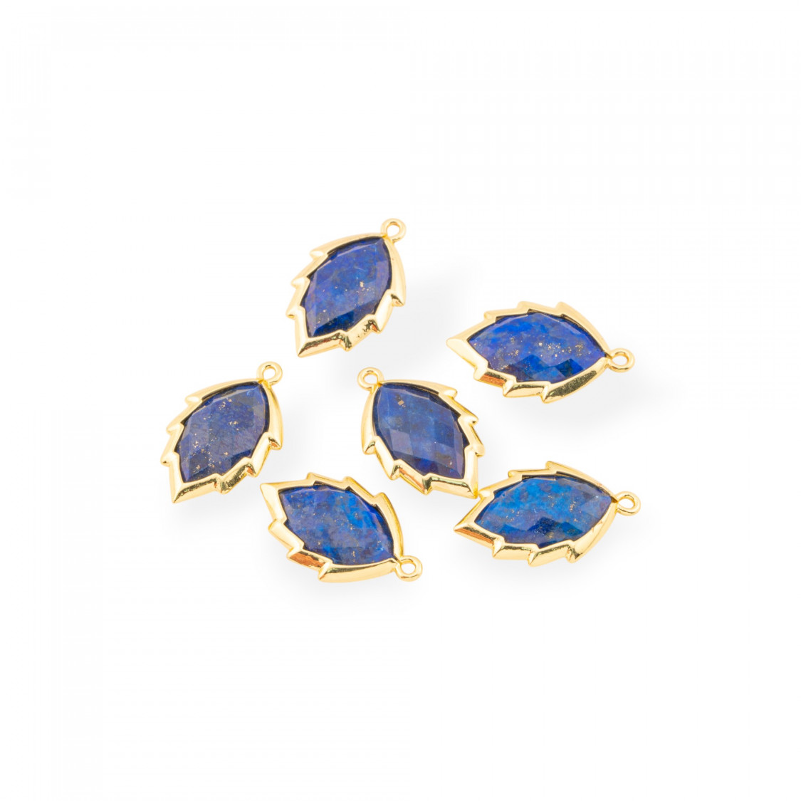 Componente Pendente Di Ottone Forma di Foglia Con Pietre Dure 20mm 6pz Dorato Lapislazzuli- MANGO | Worldofjewel.com