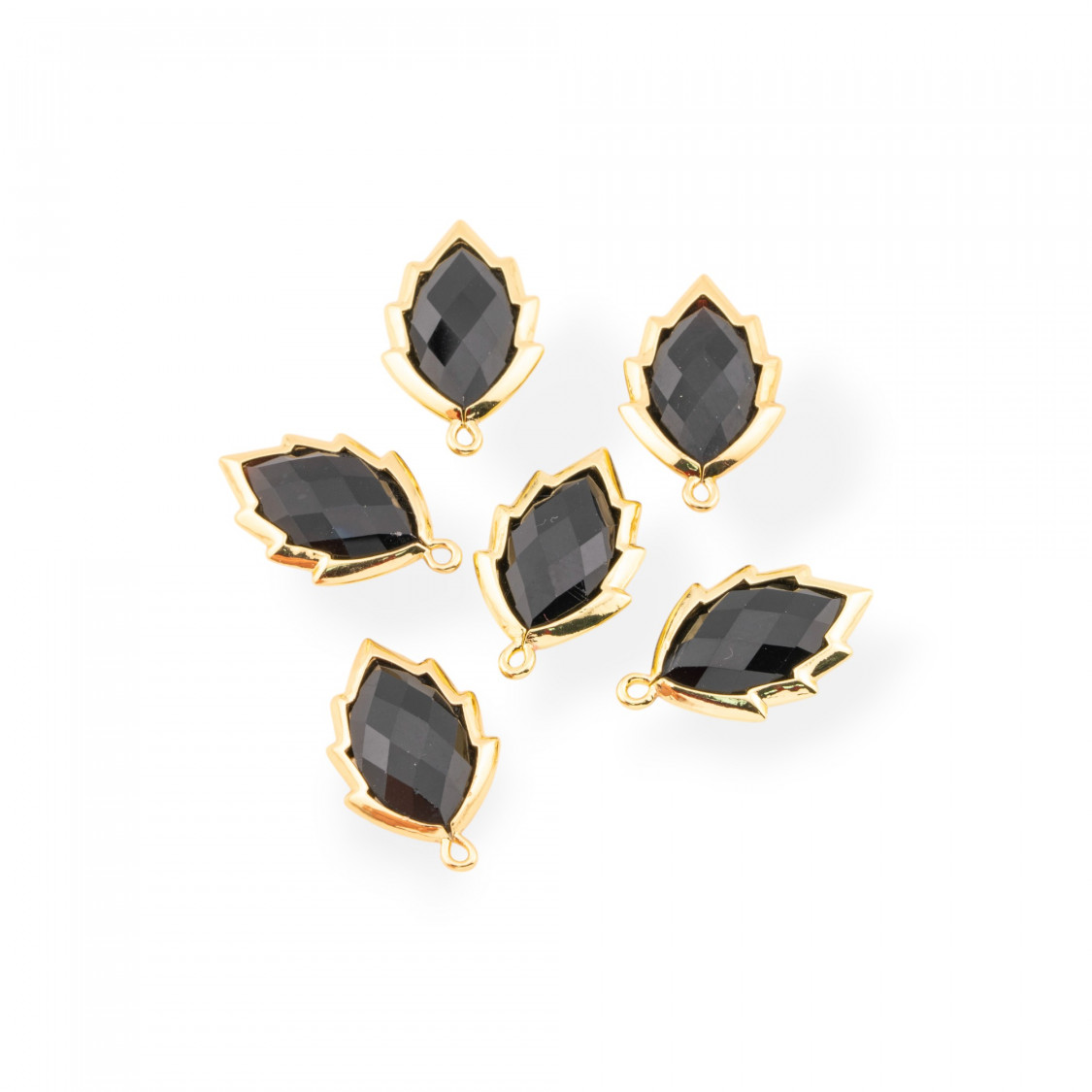Componente Pendente Di Ottone Forma di Foglia Con Pietre Dure 20mm 6pz Dorato Onice- MANGO | Worldofjewel.com
