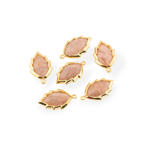 6 colgantes de latón en forma de hoja de 20 mm con piedras preciosas bañadas en oro (piedra solar rosa)