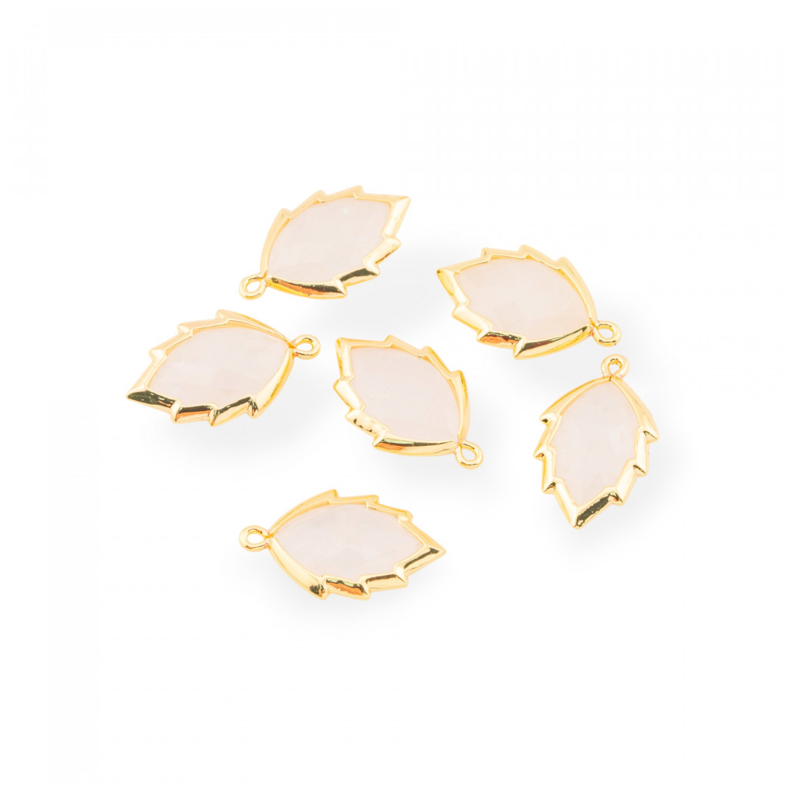 Componente Pendente Di Ottone Forma di Foglia Con Pietre Dure 20mm 6pz Dorato Quarzo Rosa- MANGO | Worldofjewel.com