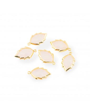 Componente Pendente Di Ottone Forma di Foglia Con Pietre Dure 20mm 6pz Dorato Quarzo Rosa- MANGO | Worldofjewel.com