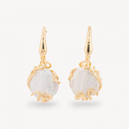 Bronze Closed Stud Earrings with River Pearls and Pendant with Golden Baroque Pearls