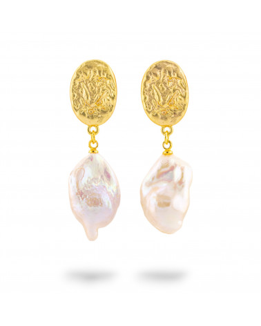 Orecchini A Perno Di Bronzo Irregolare Forato Con Perle Di Fiume Barocche A Goccia Rosa-ORECCHINI MADE WITH STYLE | Worldofjewel.com