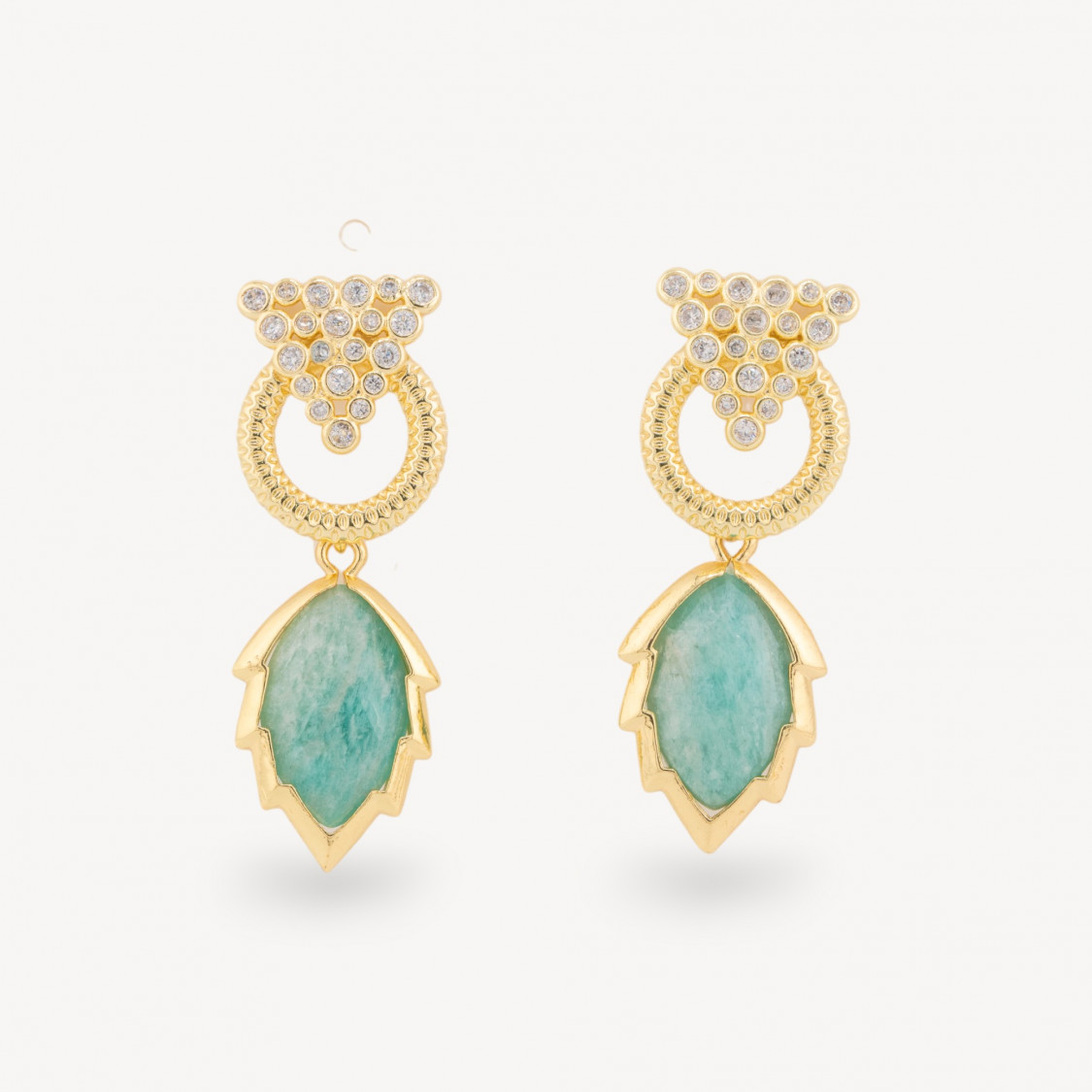 Orecchini Perno Di Bronzo Con Cabochon Di Occhio Di Gatto Zircone E Pendente A Foglia Dorato Amazzonite-BRONCE CRISTAL | Worldofjewel.com
