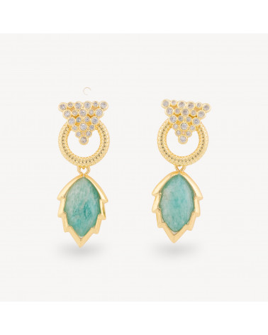 Orecchini Perno Di Bronzo Con Cabochon Di Occhio Di Gatto Zircone E Pendente A Foglia Dorato Amazzonite-BRONCE CRISTAL | Worldofjewel.com