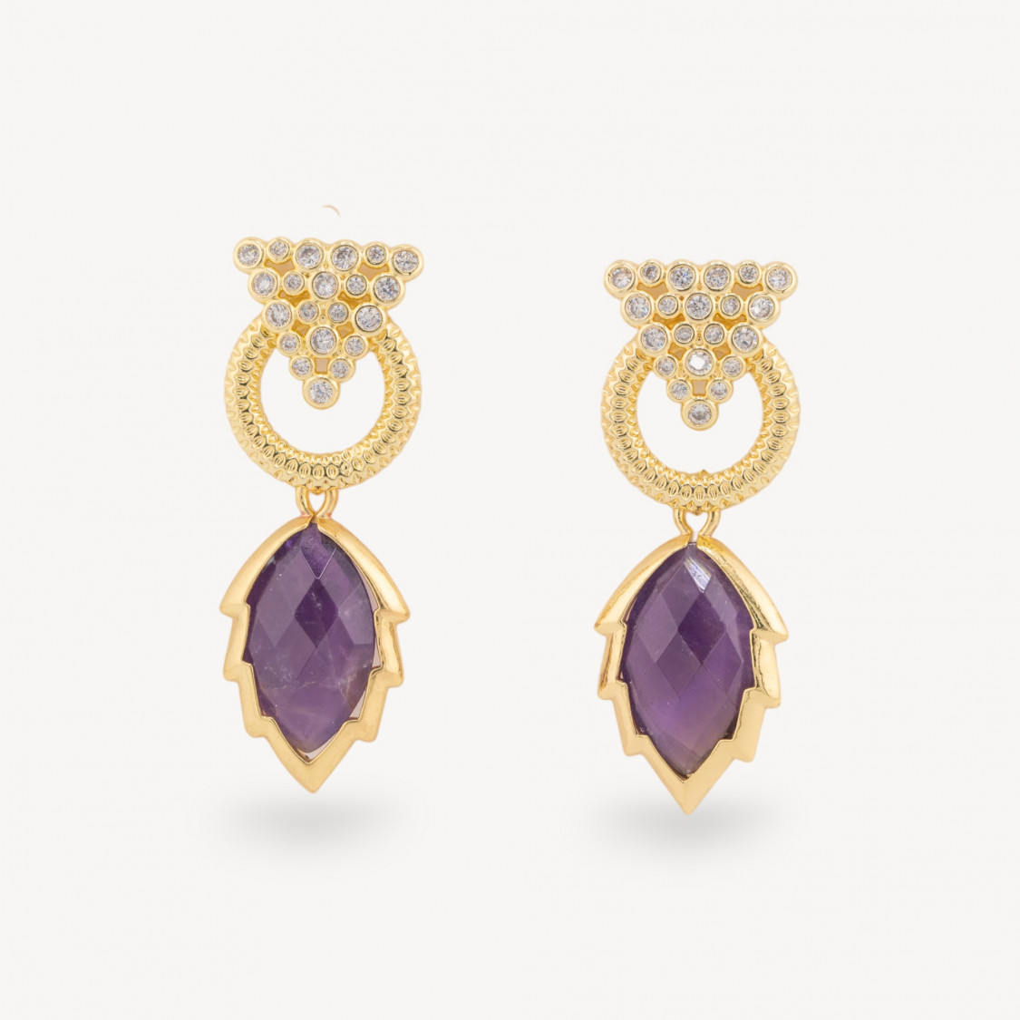 Orecchini Perno Di Bronzo Con Cabochon Di Occhio Di Gatto Zircone E Pendente A Foglia Dorato Ametista-CRYSTAL BRONZE | Worldofjewel.com