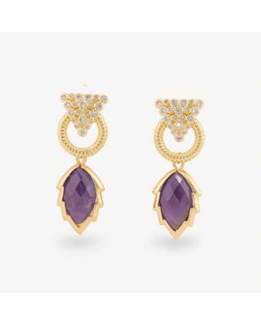 Orecchini Perno Di Bronzo Con Cabochon Di Occhio Di Gatto Zircone E Pendente A Foglia Dorato Ametista-CRYSTAL BRONZE | Worldofjewel.com
