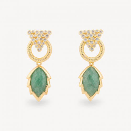 Boucles d'oreilles puces en bronze avec zircon cabochon œil-de-chat et pendentif feuille d'or en aventurine verte