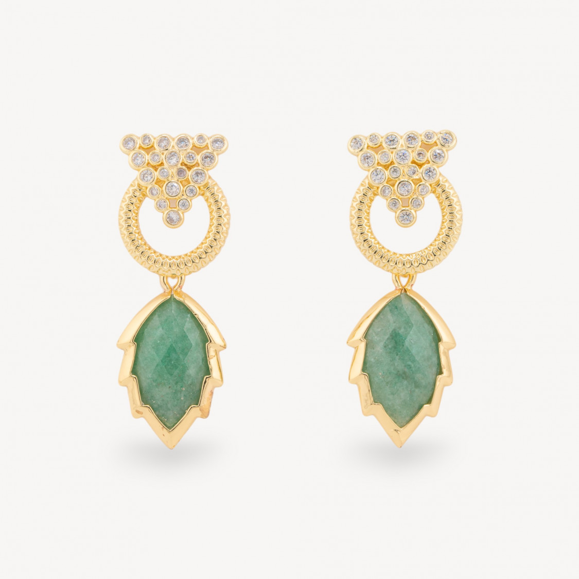 Orecchini Perno Di Bronzo Con Cabochon Di Occhio Di Gatto Zircone E Pendente A Foglia Dorato Avventurina Verde-BRONZE CRISTAL | Worldofjewel.com