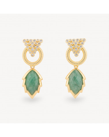Orecchini Perno Di Bronzo Con Cabochon Di Occhio Di Gatto Zircone E Pendente A Foglia Dorato Avventurina Verde-BRONZE CRISTAL | Worldofjewel.com