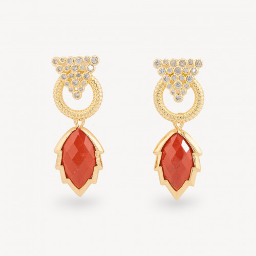 Boucles d'oreilles puces en bronze avec zircon cabochon œil-de-chat et pendentif feuille dorée en jaspe rouge