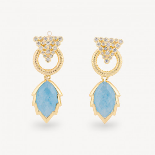 Bronze Stud Earrings with Cat's Eye Cabochon Zircon and Golden Leaf Pendant in Sky Blue Jade