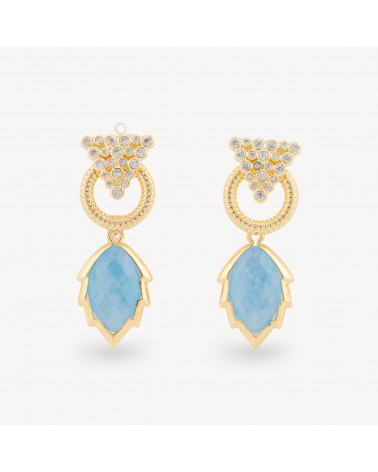 Orecchini Perno Di Bronzo Con Cabochon Di Occhio Di Gatto Zircone E Pendente A Foglia Dorato Giada Celeste-KRISTALLBRONZE | Worldofjewel.com