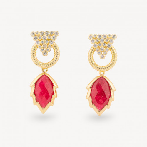 Pendientes de bronce con circonita cabujón de ojo de gato y colgante de hoja dorada en jade rojo