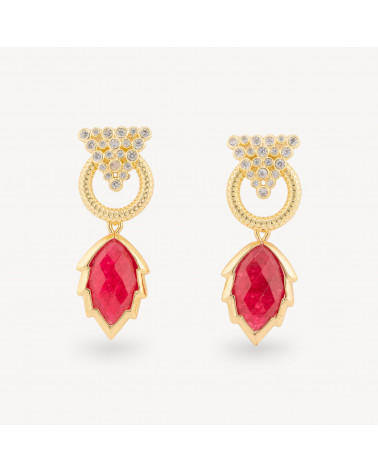 Orecchini Perno Di Bronzo Con Cabochon Di Occhio Di Gatto Zircone E Pendente A Foglia Dorato Giada Rossa-CRYSTAL BRONZE | Worldofjewel.com