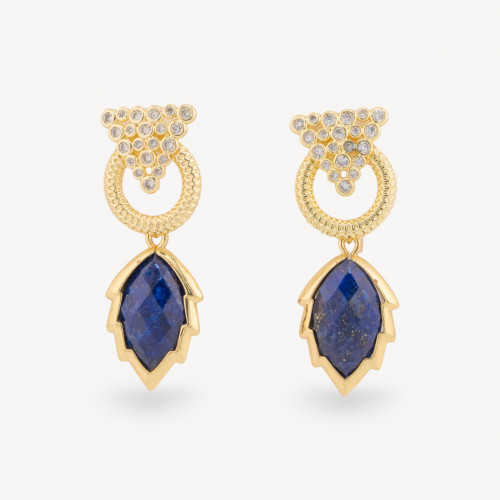 Boucles d'oreilles puces en bronze avec cabochon œil-de-chat en zircon et pendentif feuille en lapis-lazuli doré