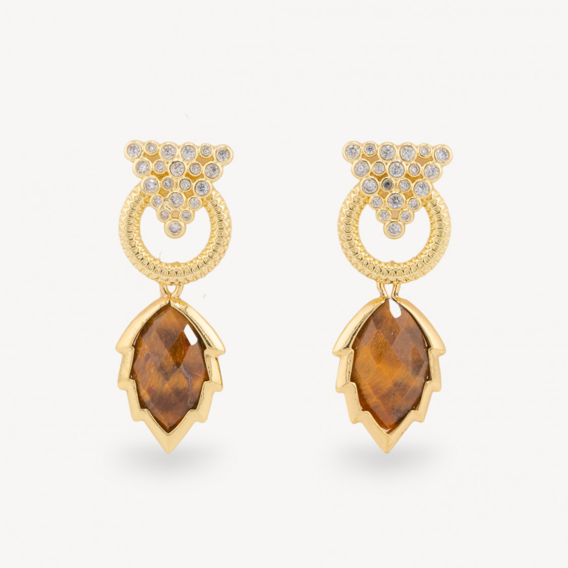 Orecchini Perno Di Bronzo Con Cabochon Di Occhio Di Gatto Zircone E Pendente A Foglia Dorato Occhio Di Tigre-BRONZE CRISTAL | Worldofjewel.com