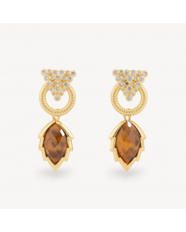 Orecchini Perno Di Bronzo Con Cabochon Di Occhio Di Gatto Zircone E Pendente A Foglia Dorato Occhio Di Tigre-BRONZE CRISTAL | Worldofjewel.com
