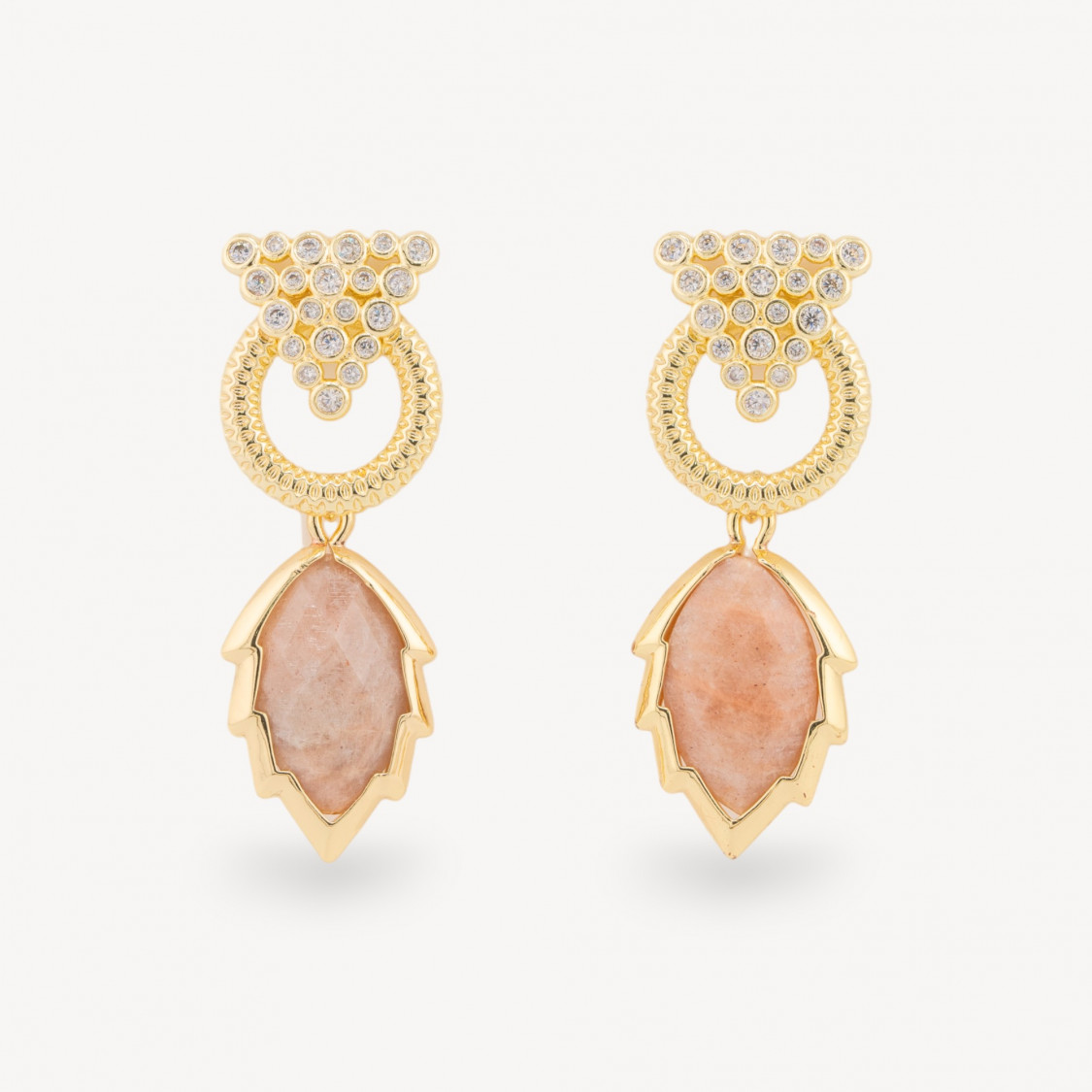 Orecchini Perno Di Bronzo Con Cabochon Di Occhio Di Gatto Zircone E Pendente A Foglia Dorato Pietra Di Luna Rosa-BRONCE CRISTAL | Worldofjewel.com