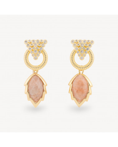 Orecchini Perno Di Bronzo Con Cabochon Di Occhio Di Gatto Zircone E Pendente A Foglia Dorato Pietra Di Luna Rosa-BRONCE CRISTAL | Worldofjewel.com