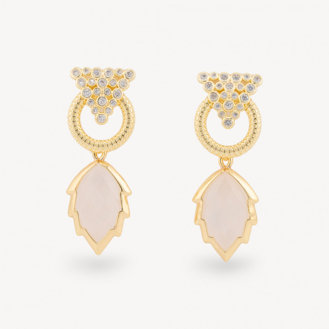 Orecchini Perno Di Bronzo Con Cabochon Di Occhio Di Gatto Zircone E Pendente A Foglia Dorato Quarzo Rosa-BRONCE CRISTAL | Worldofjewel.com