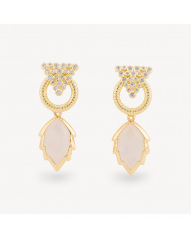 Orecchini Perno Di Bronzo Con Cabochon Di Occhio Di Gatto Zircone E Pendente A Foglia Dorato Quarzo Rosa-BRONCE CRISTAL | Worldofjewel.com