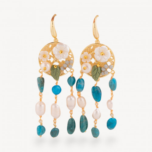 Boucles d'oreilles puces en bronze ornées de pierres semi-précieuses et de perles d'apatite plaquées or