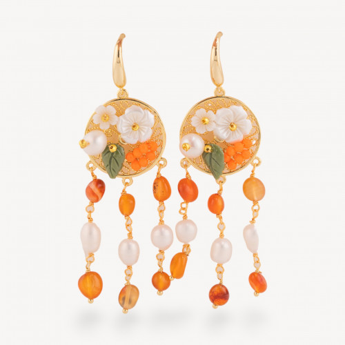 Boucles d'oreilles puces en bronze ornées de pierres semi-précieuses et de perles de cornaline plaquées or