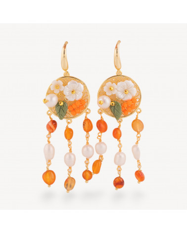 Orecchini Perno Di Bronzo Con Pietre Dure E Perle Ammagliate Dorato Corniola-BRONZO CRYSTAL | Worldofjewel.com