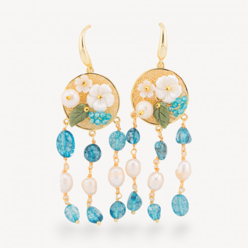 Boucles d'oreilles puces en bronze ornées de pierres semi-précieuses, de perles plaquées or et de cristaux bleus