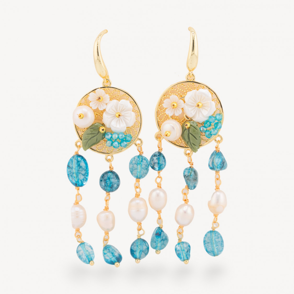 Ohrstecker aus Bronze mit Halbedelsteinen, vergoldeten Perlen und blauem Kristall-Ohrringe mit Stil | Worldofjewel.com