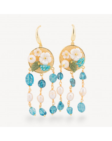 Orecchini Perno Di Bronzo Con Pietre Dure E Perle Ammagliate Dorato Cristallo Blu-BRONZE CRISTAL | Worldofjewel.com