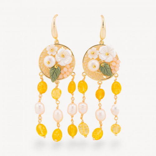Boucles d'oreilles puces en bronze ornées de pierres semi-précieuses, de perles plaquées or et de cristaux jaunes