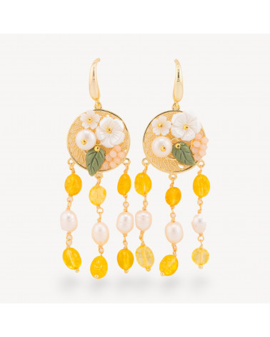 Orecchini Perno Di Bronzo Con Pietre Dure E Perle Ammagliate Dorato Cristallo Giallo-CRYSTAL BRONZE | Worldofjewel.com