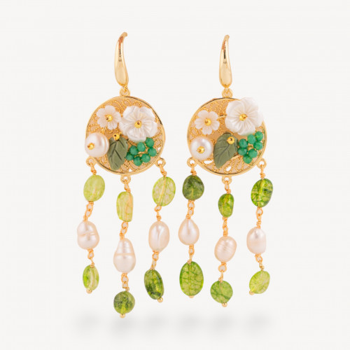 Bronze Stud Earrings with Semi-Precious Stones and Gold-Plated Green Crystal Pearls