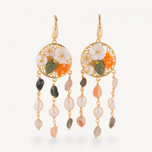 Boucles d'oreilles puces en bronze avec pierres semi-précieuses et perles plaquées or