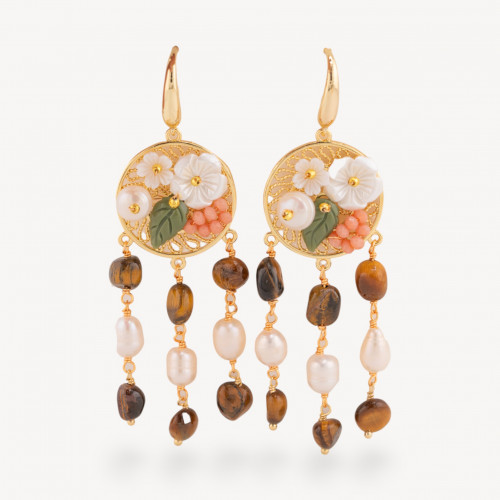 Boucles d'oreilles puces en bronze ornées de pierres semi-précieuses et de perles œil-de-tigre plaquées or