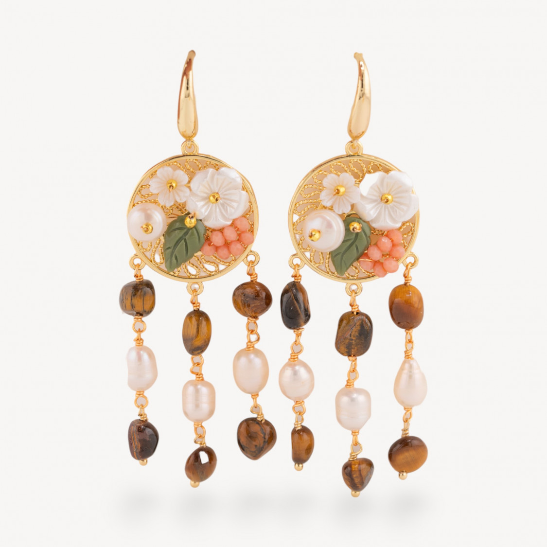 Orecchini Perno Di Bronzo Con Pietre Dure E Perle Ammagliate Dorato Occhio Di Tigre-KRISTALLBRONZE | Worldofjewel.com