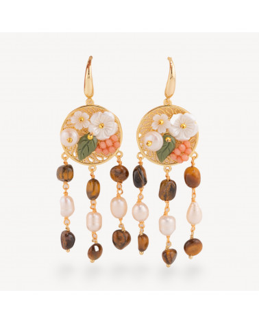 Orecchini Perno Di Bronzo Con Pietre Dure E Perle Ammagliate Dorato Occhio Di Tigre-KRISTALLBRONZE | Worldofjewel.com