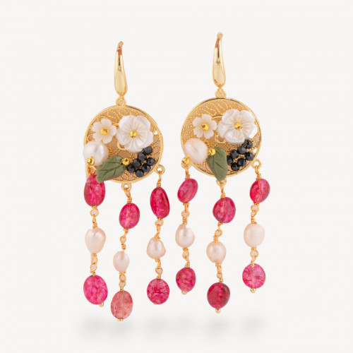 Boucles d'oreilles puces en bronze avec pierres semi-précieuses et perles plaquées or