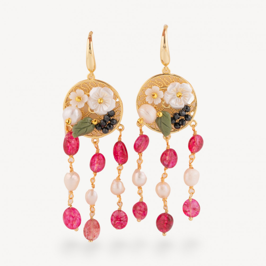 Orecchini Perno Di Bronzo Con Pietre Dure E Perle Ammagliate Dorato Porpora-CRYSTAL BRONZE | Worldofjewel.com