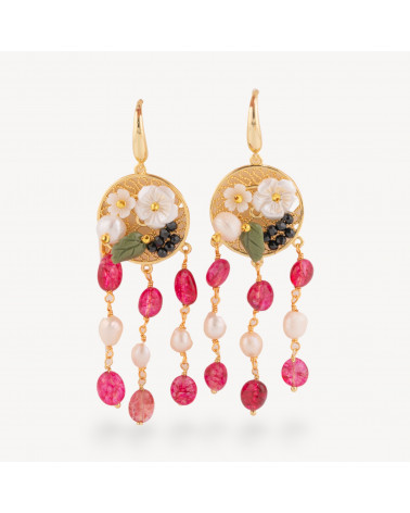 Orecchini Perno Di Bronzo Con Pietre Dure E Perle Ammagliate Dorato Porpora-CRYSTAL BRONZE | Worldofjewel.com